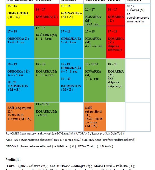 ŠSD Petka – raspored treninga